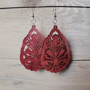 Wood Earrings - Red Intricate Teardop